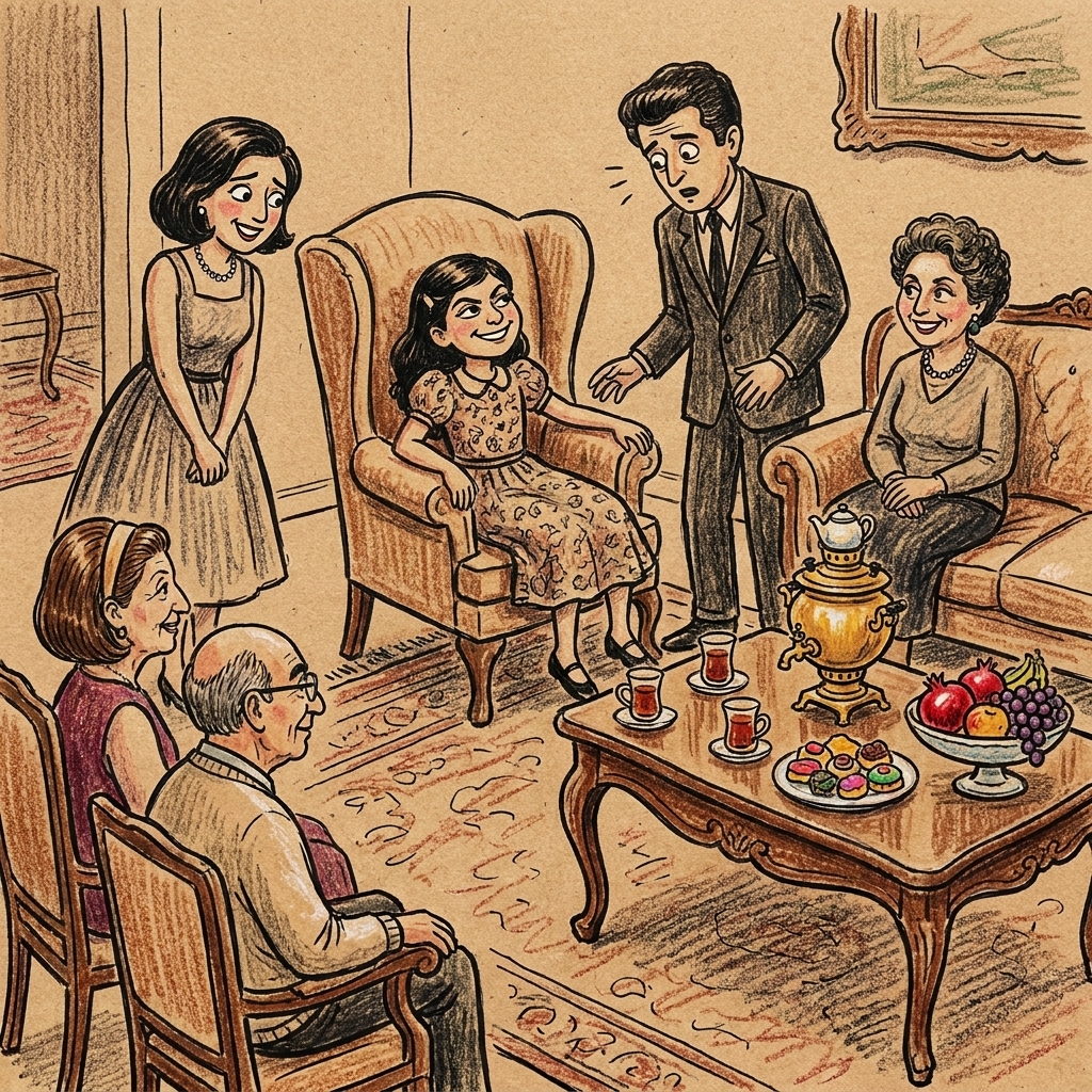 Illustration of a young girl beating a guest to his chair in a family living room