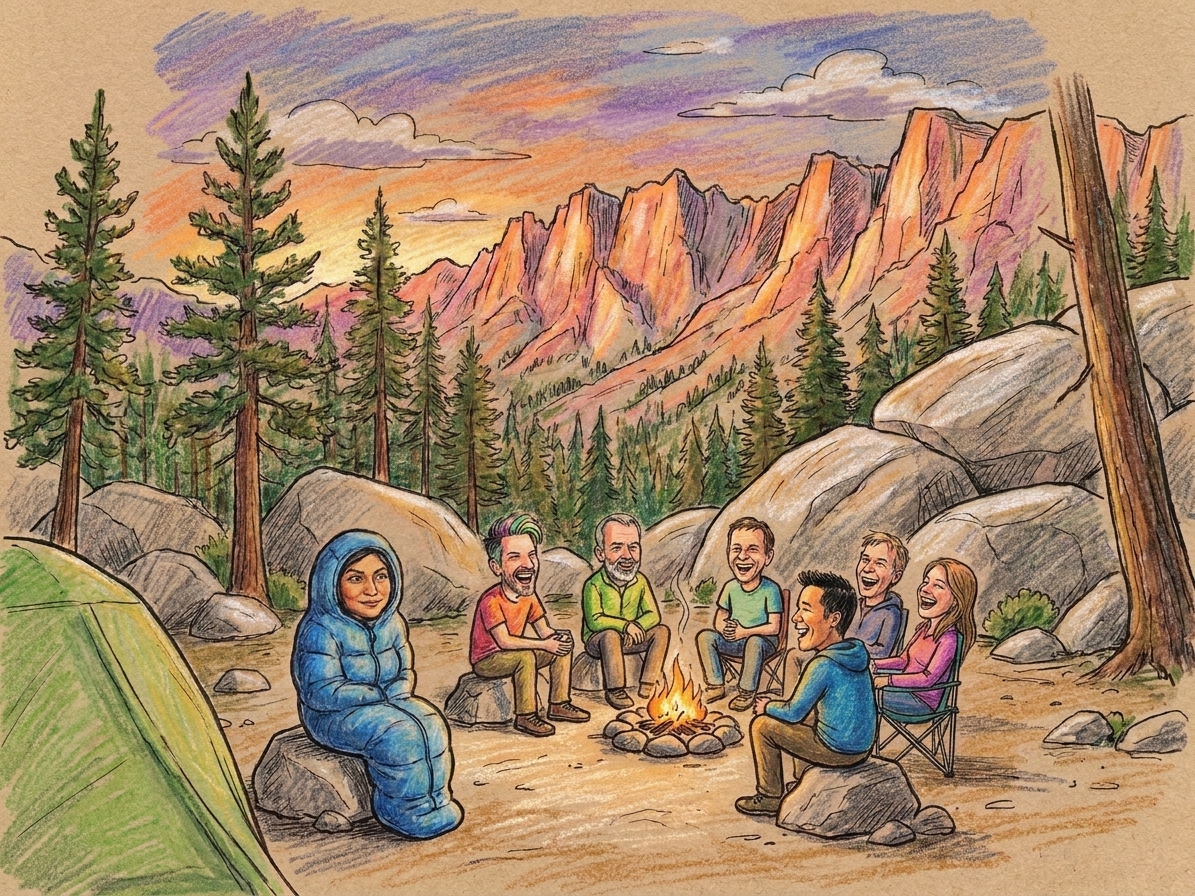 Illustration of a woman wrapped in a blue sleeping bag at a mountain campsite, friends laughing